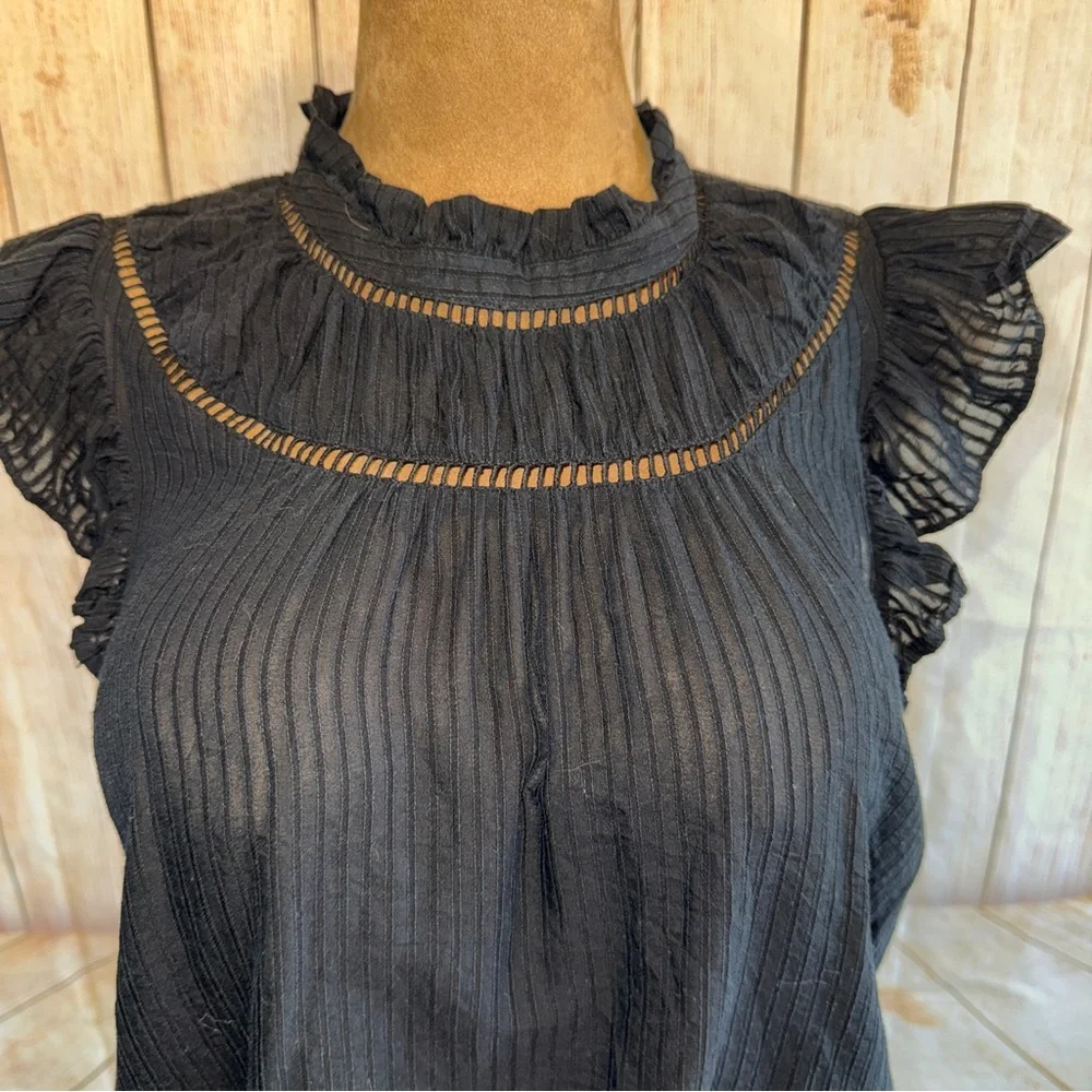LOFT Black Ruffle flutter and Sleeve Blouse, textured, women’s Sz L, peasant - Picture 2 of 10